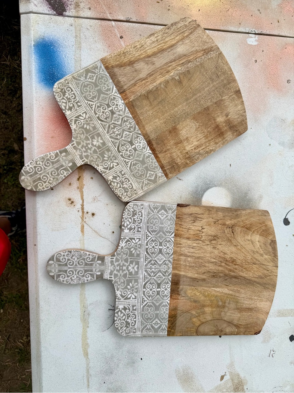 Set of 2 Decorative Mango Wood & Patterned Serving Boards - Gray & Natural
